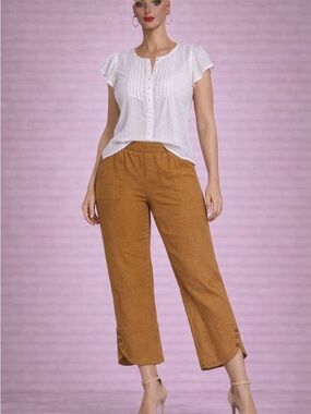 Women’s Linen Blend Wide Leg Cropped Pants 0XL Brown Elastic Waist Pockets